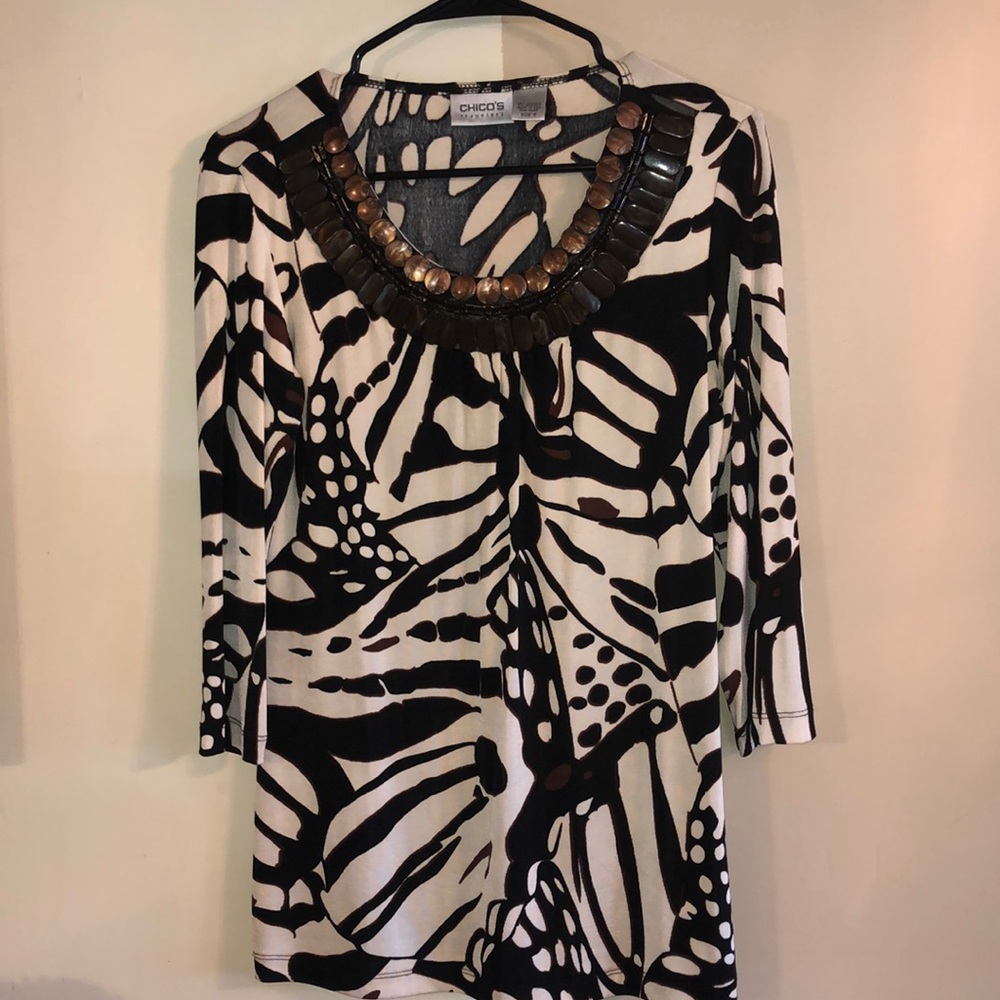 Chicos travelers 0 Tropical black cream brown beautiful brown beaded neckline